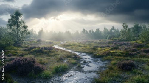 A serene landscape with a winding stream, lush vegetation, and dramatic skies.