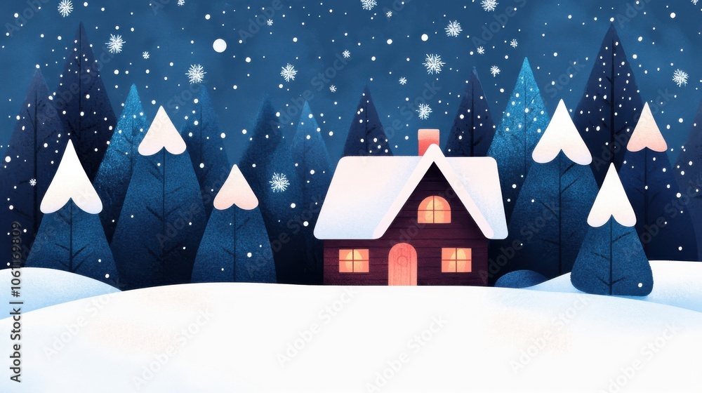 Cozy winter cabin surrounded by snowy pine trees Cozy winter cabin surrounded by snowy pine trees