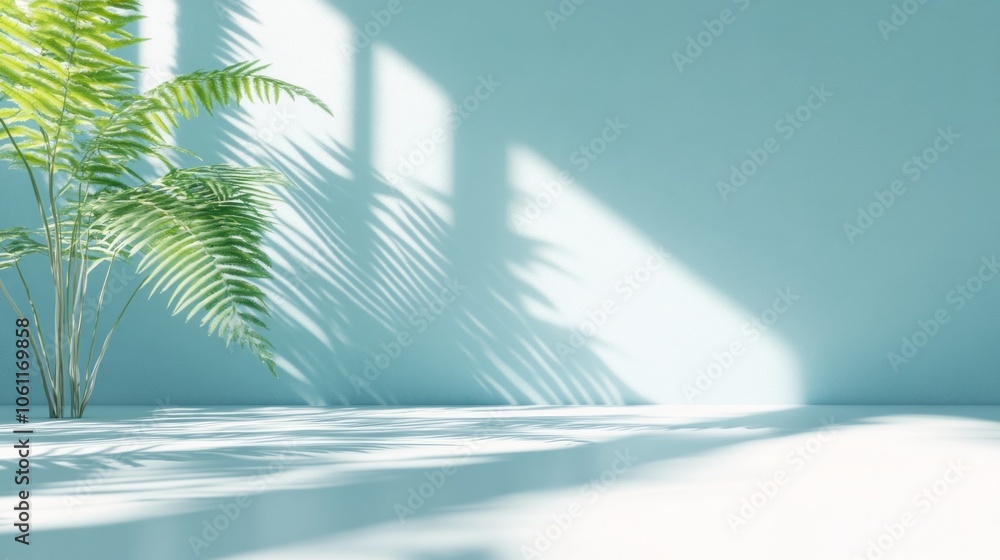 A serene indoor space with a plant casting shadows on a light-colored surface. A serene indoor space with a plant casting shadows on a light-colored surface.