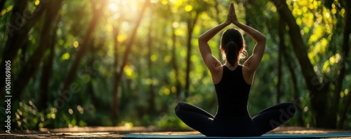 Serene yoga practice in a sunlit forest setting