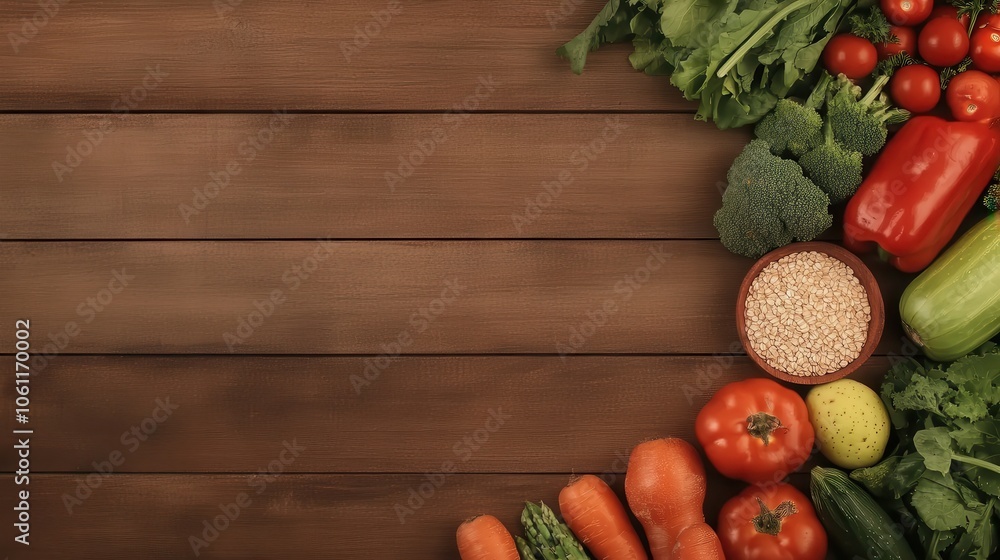 Fresh vegetables and grains arranged on a wooden table