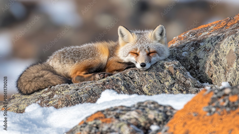 A sleeping fox rests on a rocky surface, surrounded by snow and natural scenery. A sleeping fox rests on a rocky surface, surrounded by snow and natural scenery.