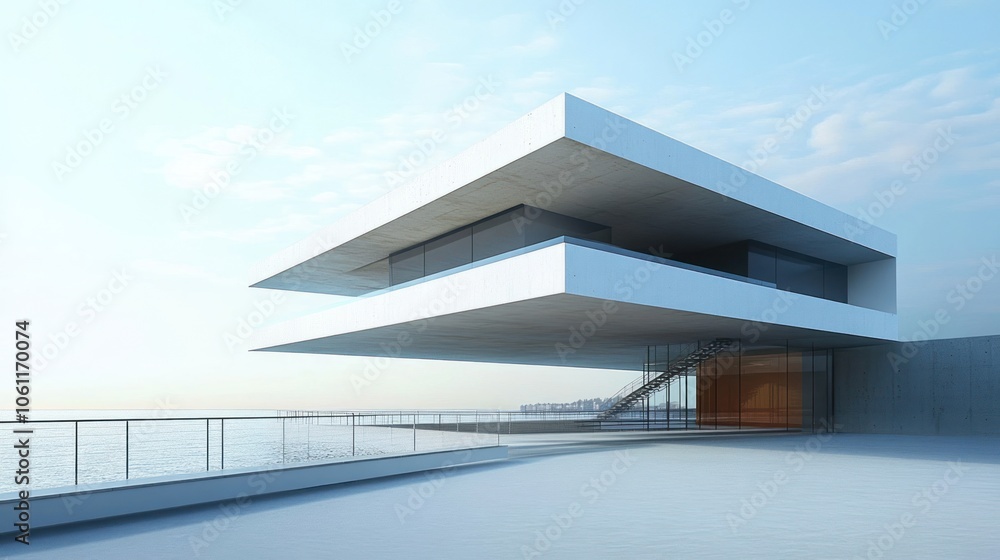Modern architectural design featuring a cantilevered structure by the water. Modern architectural design featuring a cantilevered structure by the water.