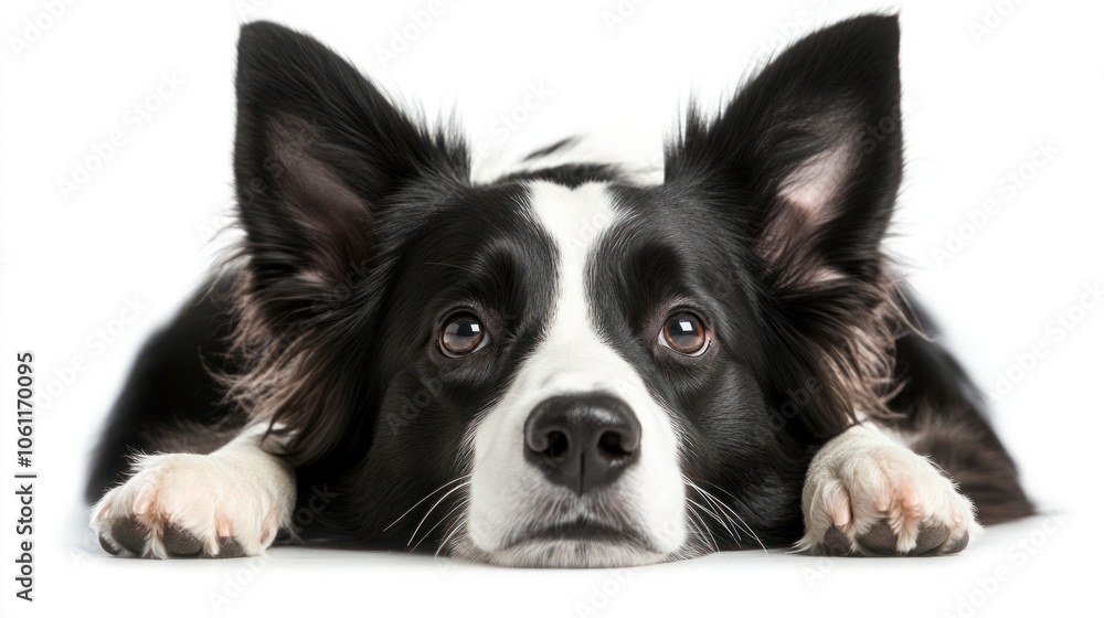 Fototapeta premium A close-up of a black and white dog with expressive eyes, lying down.