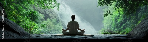 Serene meditation by a tranquil waterfall in lush nature