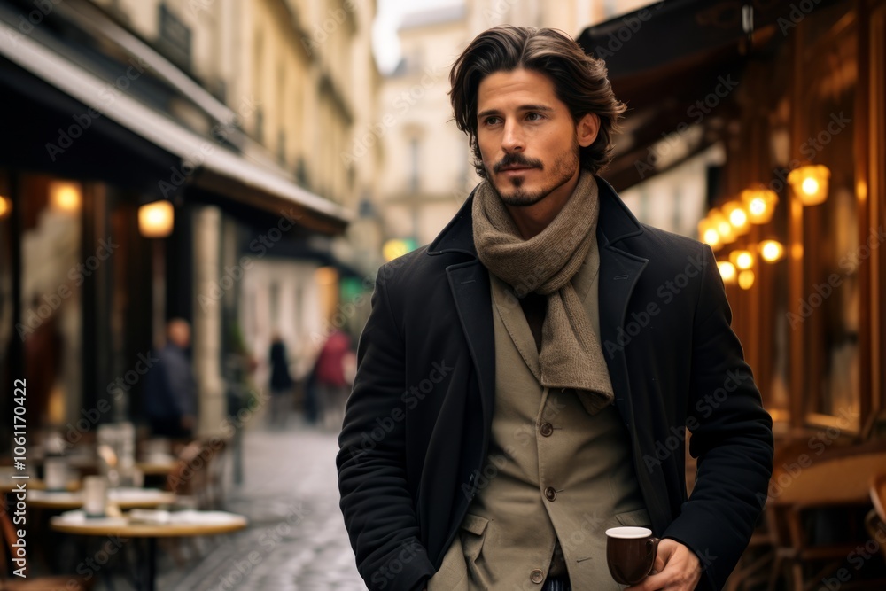 Portrait of a handsome young man in a coat and scarf with a cup of coffee on the street Portrait of a handsome young man in a coat and scarf with a cup of coffee on the street