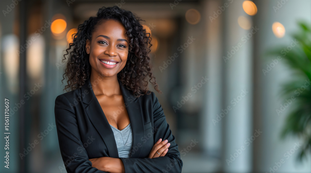 Business woman in her office standing determined, big smile, successful, arms crossed, blurred background, bokeh effect Business woman in her office standing determined, big smile, successful, arms crossed, blurred background, bokeh effect