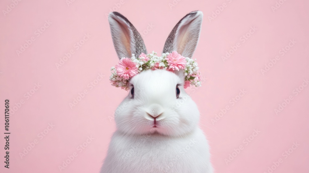 Obraz premium A cute white rabbit wearing a flower crown against a pink background.