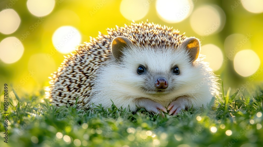 A cute hedgehog resting on green grass with a blurred background of soft lights. A cute hedgehog resting on green grass with a blurred background of soft lights.