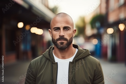 Portrait of handsome man with beard looking at camera in the city