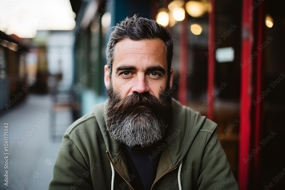 Portrait of a handsome man with long beard and mustache in an urban context Portrait of a handsome man with long beard and mustache in an urban context