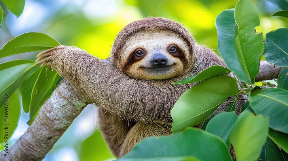 A sloth lounging on a tree branch surrounded by green leaves, showcasing its relaxed demeanor. A sloth lounging on a tree branch surrounded by green leaves, showcasing its relaxed demeanor.