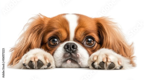 A close-up of a Cavalier King Charles Spaniel resting its head on its paws.