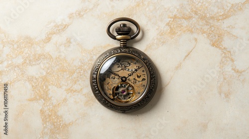 Antique Pocket Watch with Exposed Mechanism on a Beige Surface photo