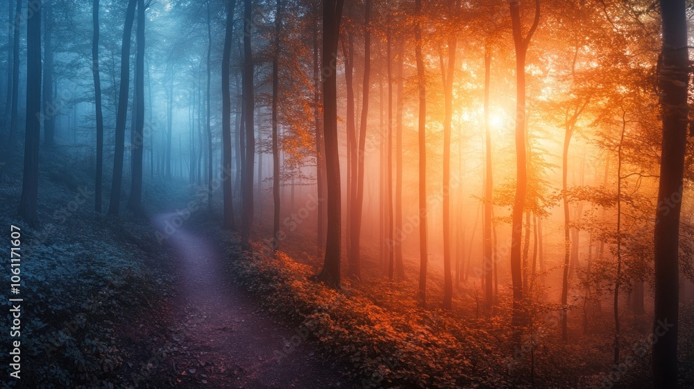 Naklejka premium A serene forest path illuminated by soft, warm light amidst misty trees.