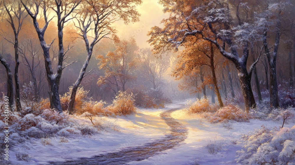 A serene winter landscape with snow-covered trees and a winding path. A serene winter landscape with snow-covered trees and a winding path.