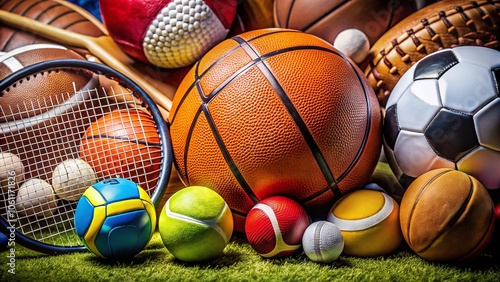 Close-up of Various Sports Balls and Equipment Showcasing High Depth of Field for Generative AI Imagery, Featuring Soccer Balls, Basketballs, Tennis Rackets, and More for Sport Enthusiasts