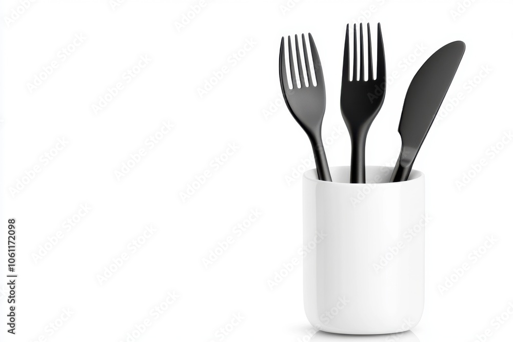 A monochrome set of black cutlery including forks and a knife, neatly arranged in a white holder on a plain background. A monochrome set of black cutlery including forks and a knife, neatly arranged in a white holder on a plain background.