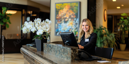 Smiling hotel receptionist at front desk, showcasing hospitality and professionalism in a welcoming environment