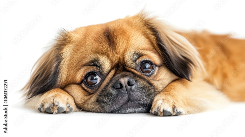 A close-up of a sad-looking dog resting its head on a surface. A close-up of a sad-looking dog resting its head on a surface.