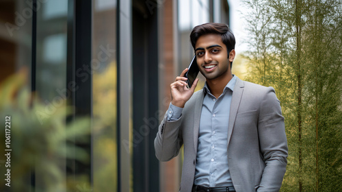 Smiling Business Professional Talking on Smartphone Outside Modern Building – Communication and Success in Business