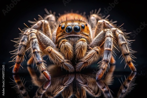 Close-Up Tilt-Shift Photography of a Large Brown and Tan Spider Isolated on Black Background