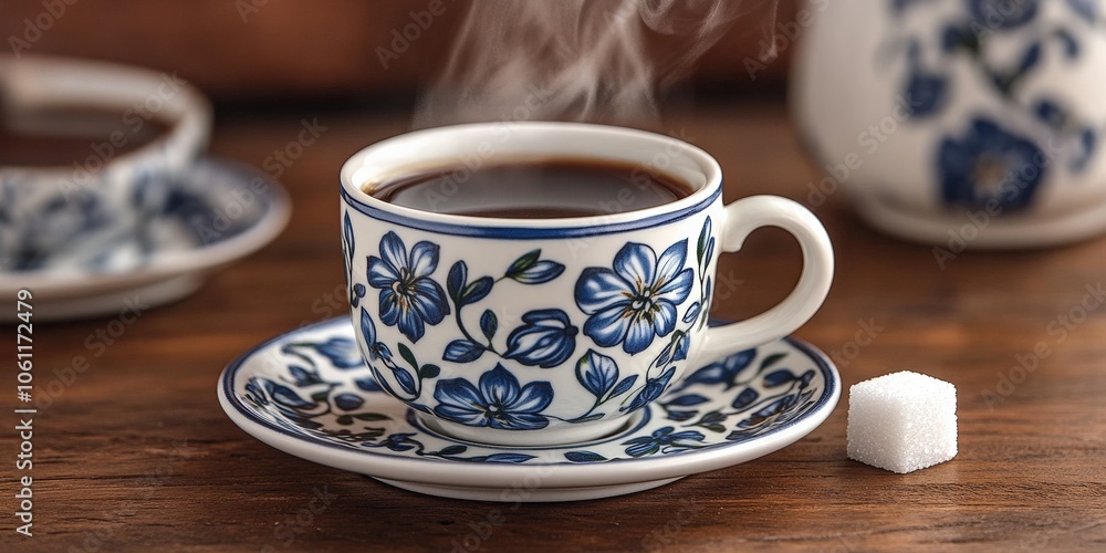 Elegant Blue and White Floral Tea Set with Steaming Coffee on Wood Table and Sugar Cube; Perfect for Vintage Dining Room Decor and Cozy Tea Parties