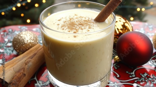 Festive Eggnog with Cinnamon Stick and Nutmeg in Glass on Holiday Table with Christmas Decorations Ornaments Cozy Winter Drink Recipe Celebration photo