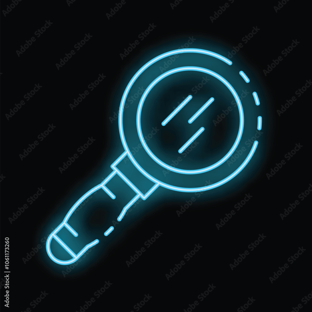 Glowing neon icon of a magnifying glass, symbolizing searching and analysis Glowing neon icon of a magnifying glass, symbolizing searching and analysis