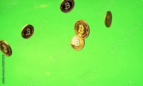 Bitcoin rain in slow motion isolate on green screen background