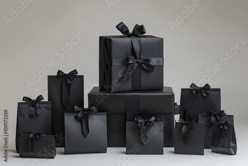 Multiple black plain tiny gift bags of different sizes stacked around a huge giant black gift box with a ribbon photo