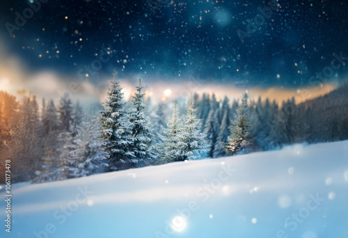 Wallpaper Mural A snowy landscape with pine trees silhouetted against a wintery sky with falling snow. Torontodigital.ca