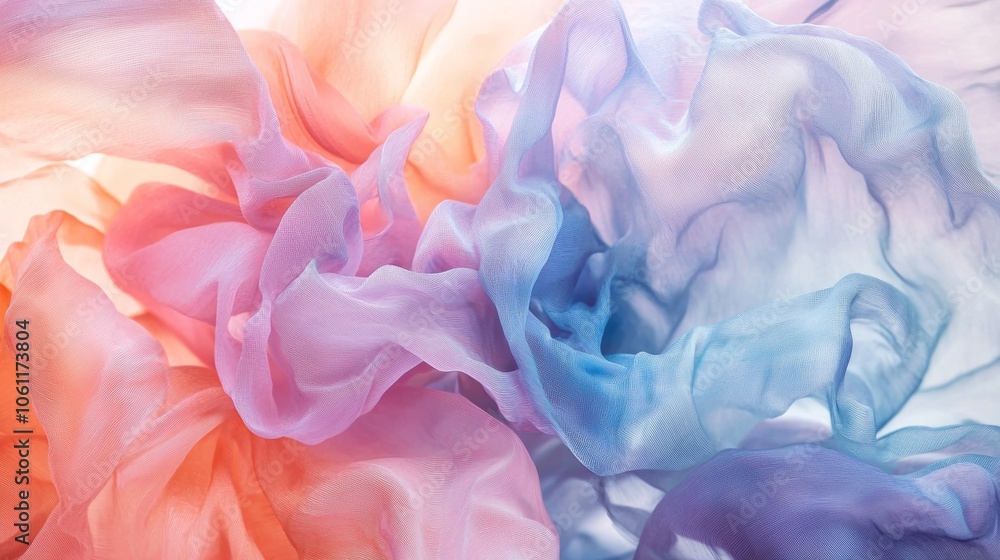Smooth elegant pink, purple and blue chiffon fabric flowing creating abstract shapes and soft folds with delicate pastel colors Smooth elegant pink, purple and blue chiffon fabric flowing creating abstract shapes and soft folds with delicate pastel colors
