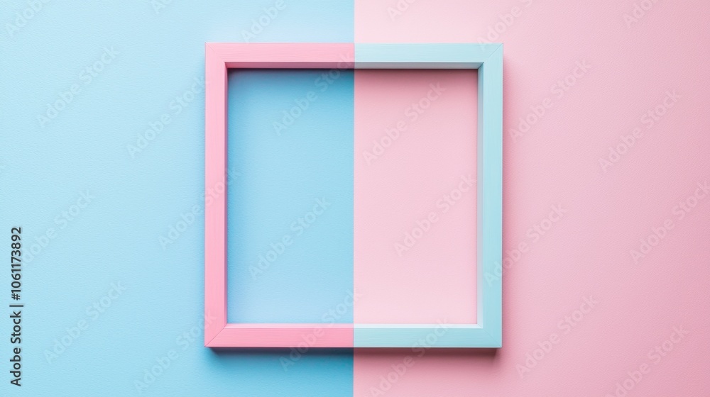 Empty frame with pastel pink and blue sides laying on a split background of the same two colors, creating copy space in the center Empty frame with pastel pink and blue sides laying on a split background of the same two colors, creating copy space in the center