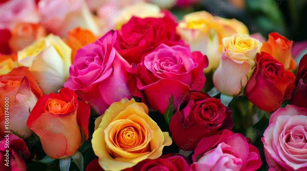 Close-up view captures a vibrant bouquet of roses in various colors, showcasing the beauty and diversity of nature's artistry Close-up view captures a vibrant bouquet of roses in various colors, showcasing the beauty and diversity of nature's artistry