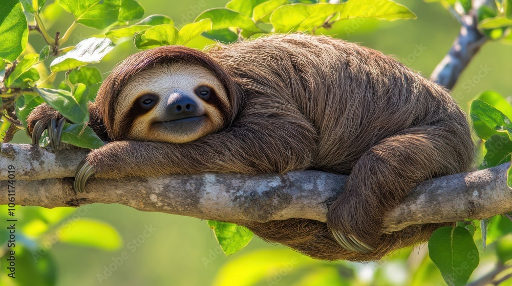 Fototapeta premium A sloth resting peacefully on a tree branch surrounded by green leaves.