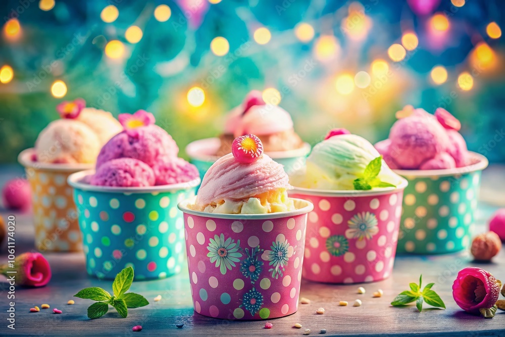 Colorful Ice Cream in Pink Cups with Fun Patterns - Long Exposure Photography of Delicious Treats for Summer Vibes Colorful Ice Cream in Pink Cups with Fun Patterns - Long Exposure Photography of Delicious Treats for Summer Vibes