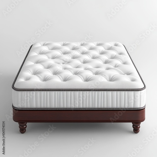 White tufted mattress on a brown wooden bed frame with turned legs. photo