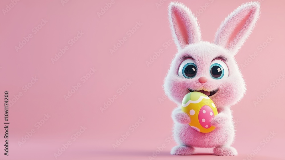Obraz premium Cute fluffy pink easter bunny holding a colorful decorated egg, celebrating easter festivities on a vibrant pink backdrop, creating a cheerful and festive scene