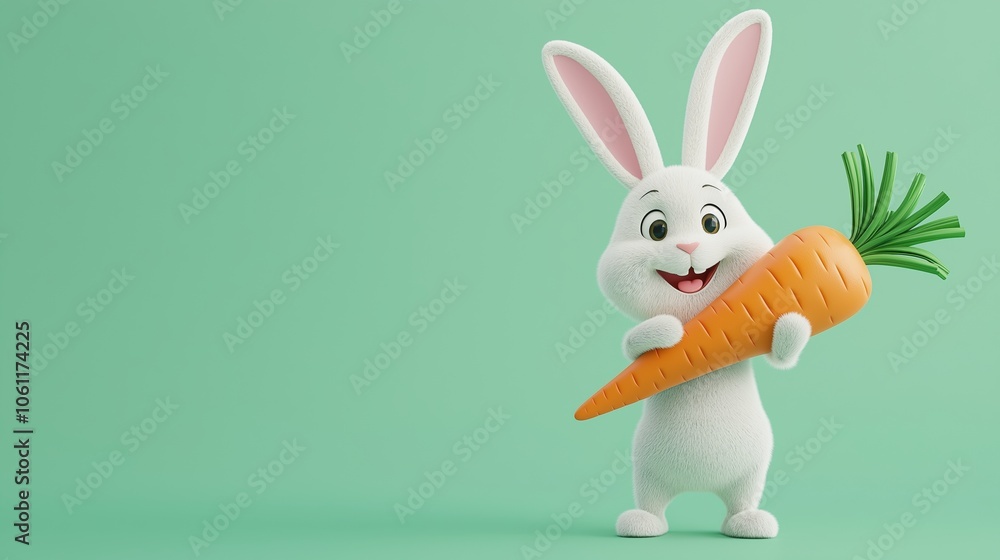 Cute cartoon easter bunny holding a giant carrot with a happy expression, perfect for easter greeting cards or children's illustrations, on a vibrant green background Cute cartoon easter bunny holding a giant carrot with a happy expression, perfect for easter greeting cards or children's illustrations, on a vibrant green background
