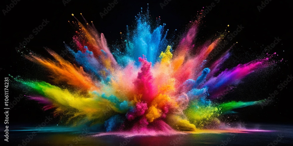 Colorful Powder Explosion in Low Light - Vibrant Pigments Burst on Dark Background for Dynamic Visuals and Artistic Photography Colorful Powder Explosion in Low Light - Vibrant Pigments Burst on Dark Background for Dynamic Visuals and Artistic Photography