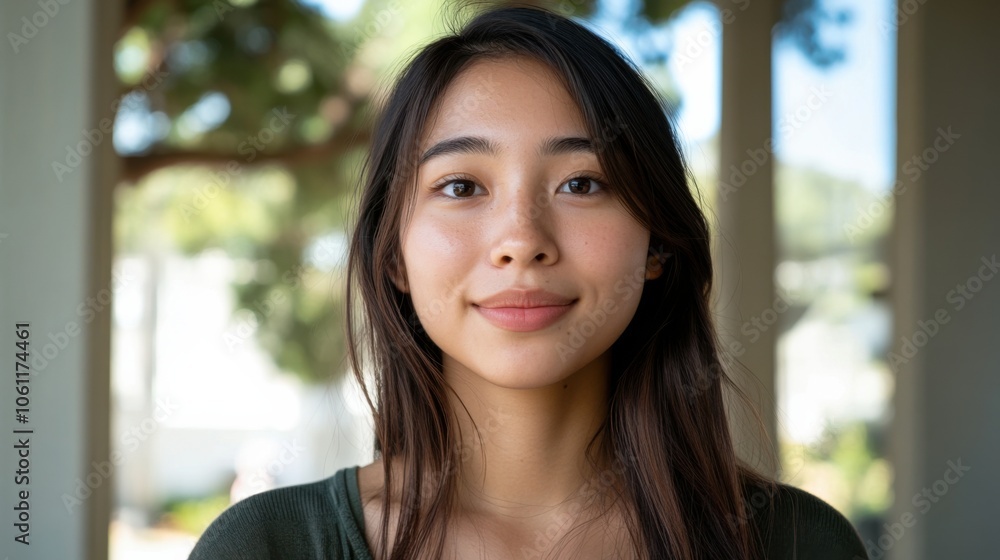 都会の屋外で日光の下で微笑む若い女性