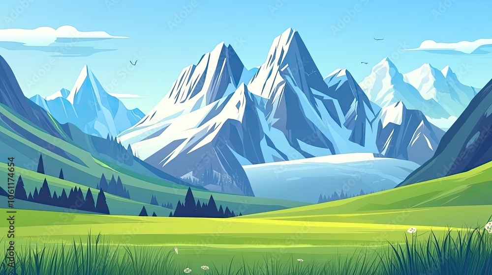 A Majestic Mountain Range With Snowy Peaks And A Lush Green Valley A Majestic Mountain Range With Snowy Peaks And A Lush Green Valley