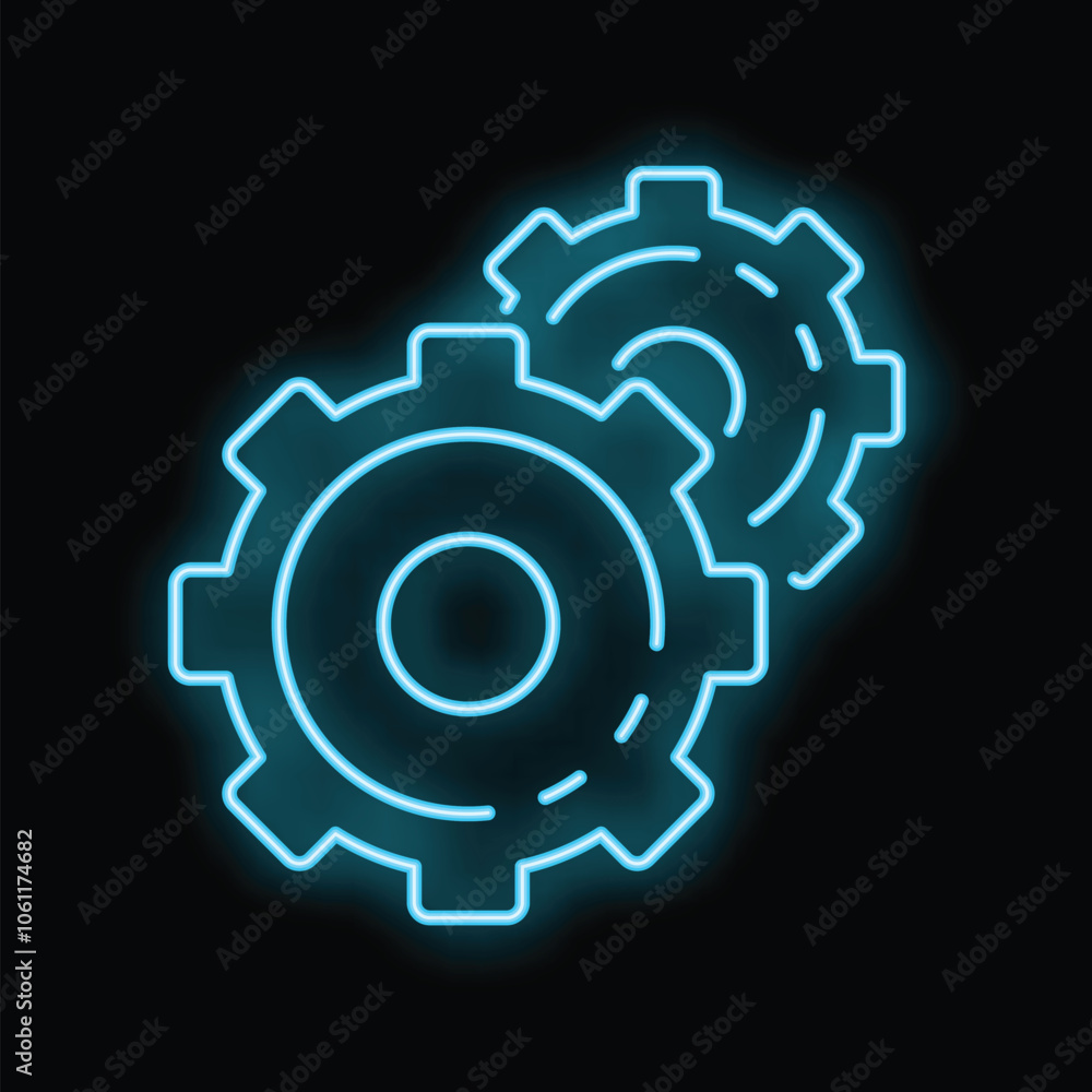 Two neon blue gears interlocking on a black background represent the concept of teamwork Two neon blue gears interlocking on a black background represent the concept of teamwork