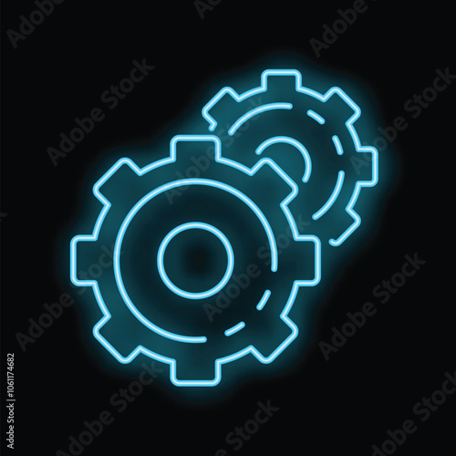 Two neon blue gears interlocking on a black background represent the concept of teamwork