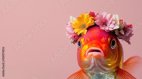 A goldfish adorned with a floral crown against a pink background, showcasing whimsy and charm.