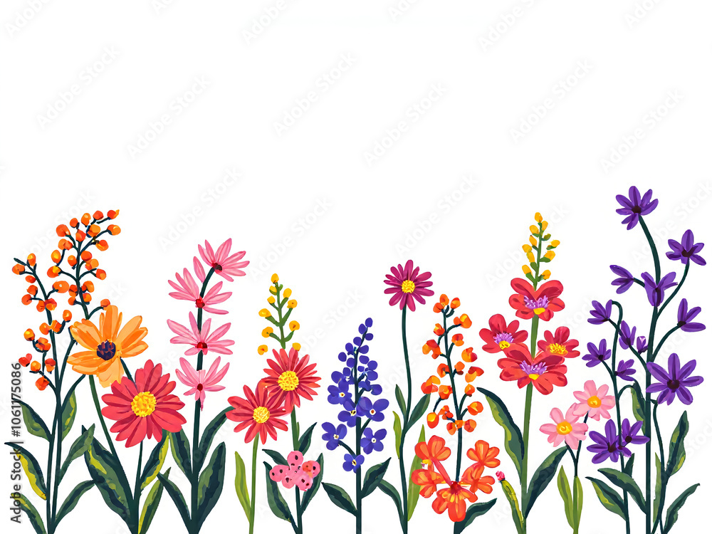 Flowers bloom in harmony, celebrating the beauty of nature s colorful palette today , digitalillustration of floralart concept.