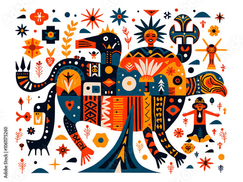 Explore the wonders of a colorful universe with mythical creatures and symbols, illustration of fantasy concept.