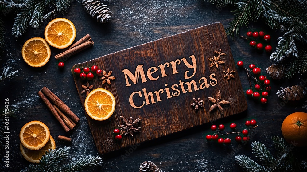 Festive Christmas Greeting with Oranges, Cinnamon, and Pine Branches Festive Christmas Greeting with Oranges, Cinnamon, and Pine Branches