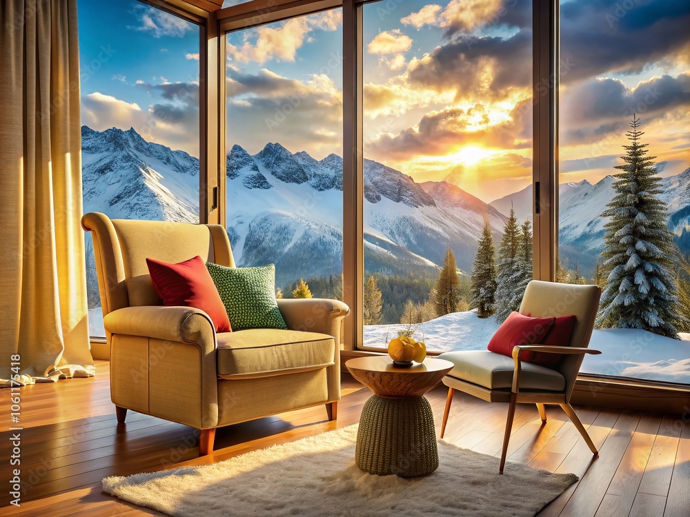 Fototapeta premium Cozy Armchair by Window with Snowy Mountain View - Winter Relaxation, Scenic Interior, Warmth, and Comfort in Fashion Photography